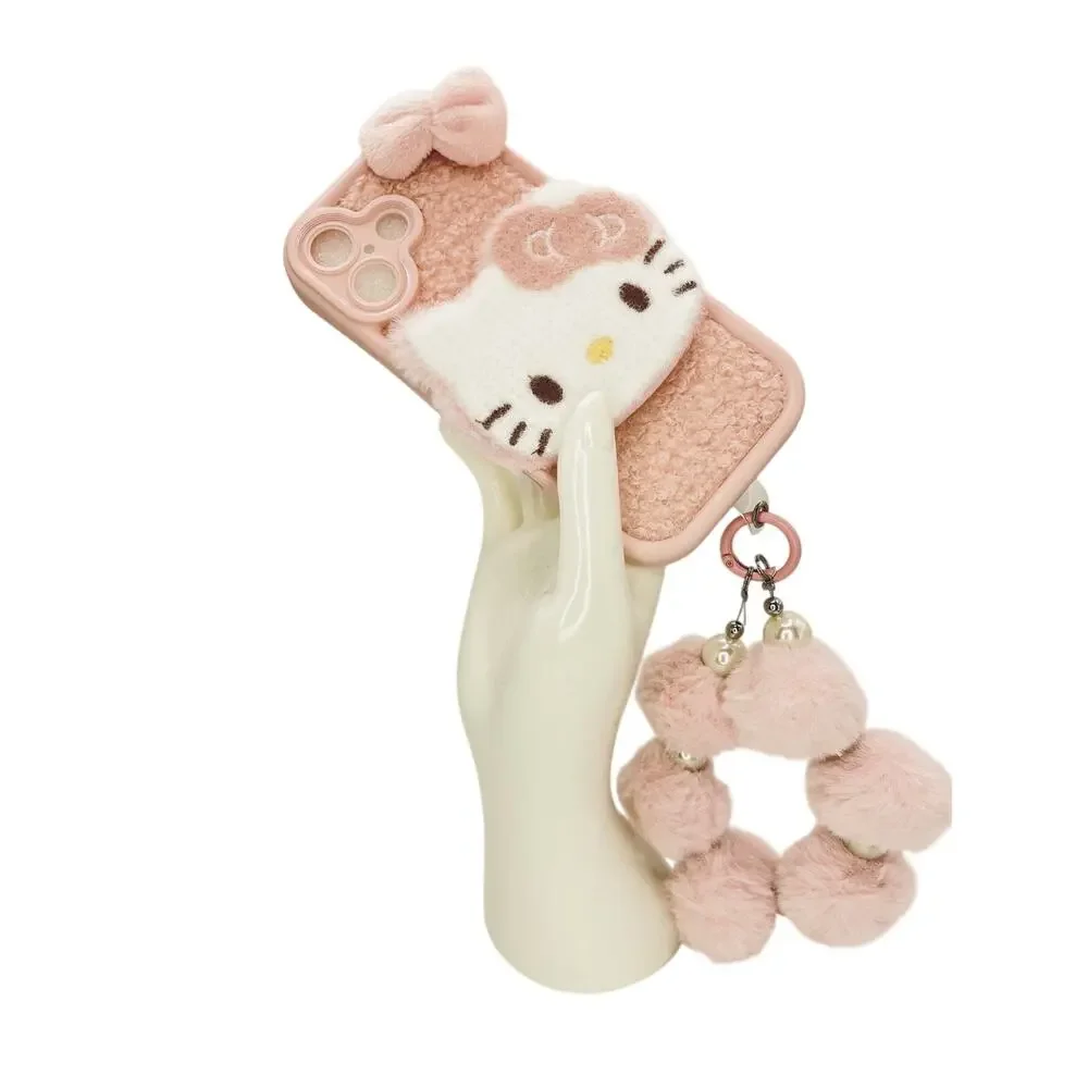 Hello Kitty Faux Fur Teddy PomPom Pastel Pink Kawaii Case Wrislet IPhone 17 Cute